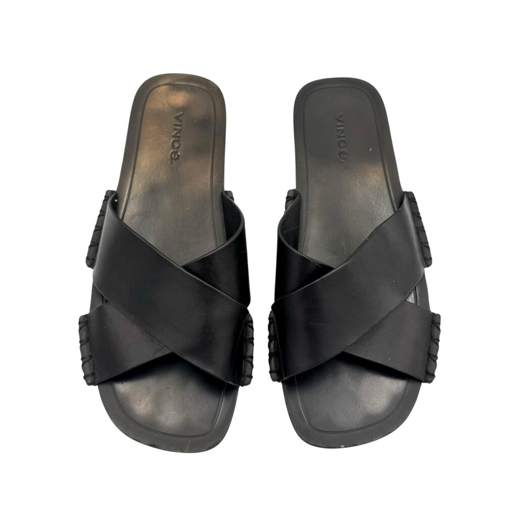 Vince Nico Black Leather Exposed Stitching Straps Open Toe Slip On Flat Sandals